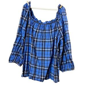 St. John's Bay Off-the-Shoulder Sky Blue Plaid Peasant Blouse Ruffled Neck Sz 3X